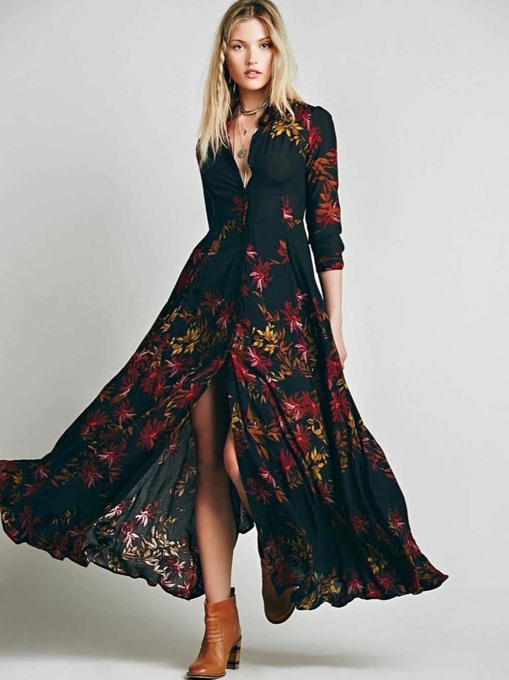 Free People See It Through Floral Long Sleeve Maxi Dress Black & Red Small